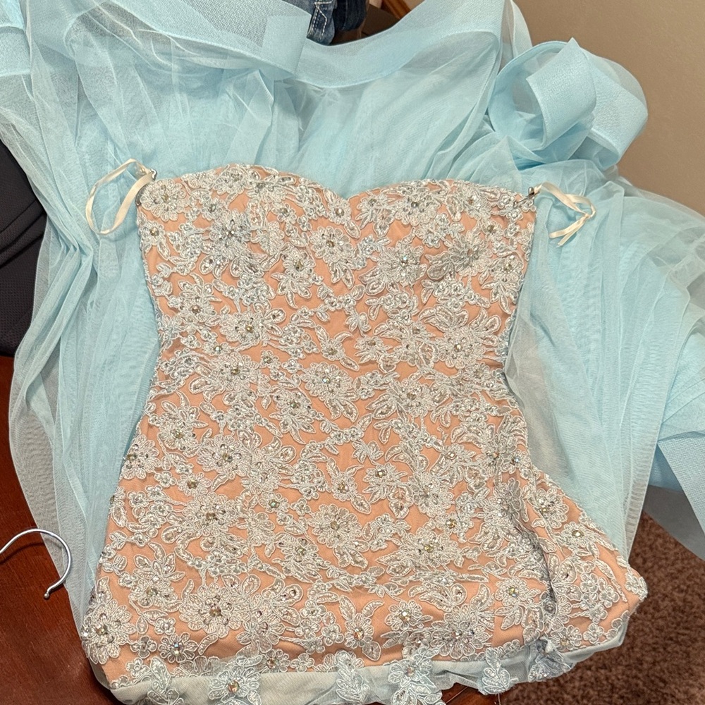 Jodi Kristopher Blue and Peach Lace Prom Dress